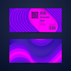 Ticket card coupon and voucher at new modern colorful purple and lines. Element template for graphics design. Vector illustration