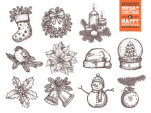 Christmas And Happy New Year Collection Of Sketch Vector Icons. Festive And Holiday Hand Drawn Elements: Sock With Gifts And Fir Wreath, Bullwinch On Branch, Poinsettia Star And Holly, Santa Hat And S