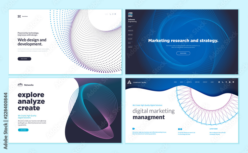 Set of web page design templates with abstract background for marketing research and strategy, web design and development, internet advertising. Vector illustration concepts for website development.  - obrazy, fototapety, plakaty 