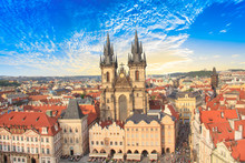 Beautiful View Of The Old Town Square, And Tyn Church In Prague, Czech Republic