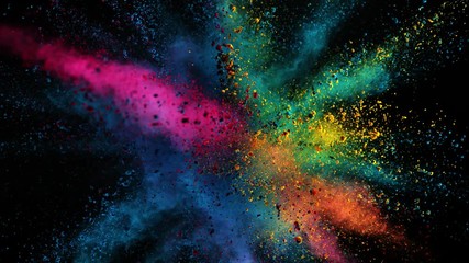 Super slow motion of coloured powder explosion isolated on black background. Filmed on high speed cinema camera, 1000fps.