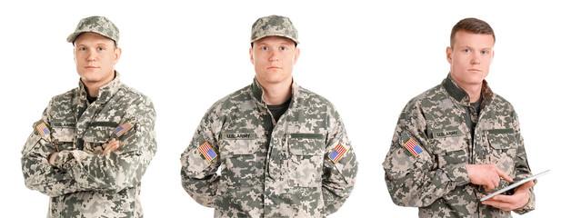 Set with male soldier on white background. Military service