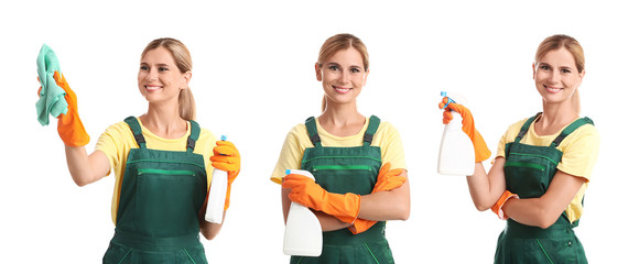 Wall Mural - Set with janitor and cleaning supplies on white background