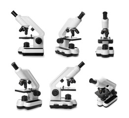 Set with microscope on white background. Medical objects