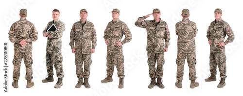 Fotomural Set with male soldier on white background. Military service