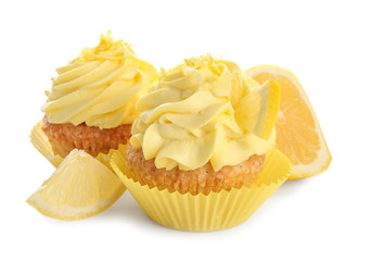 Delicious lemon cupcakes on white background