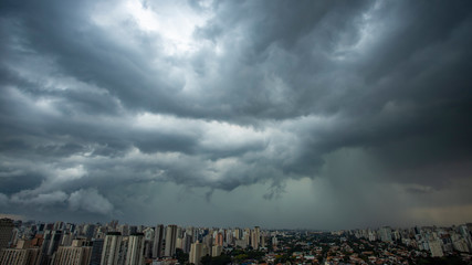 The storm is coming. Hurricane. Ground and sky. Cityscape. Sao Paulo city landscape, Brazil South America. 