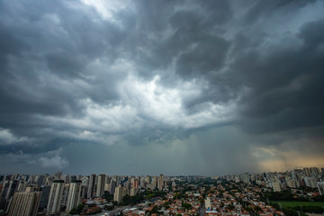 The storm is coming. Hurricane. Ground and sky. Cityscape. Sao Paulo city landscape, Brazil South America. 