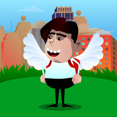 Wall Mural - Schoolboy as an angel, with big white wings. Vector cartoon character illustration.
