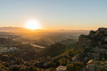 Dawn View Of The San Fernando Valley In Los Angeles California.  Shot From Rocky Peak Mountain Park Near Simi Valley.  