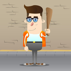 Wall Mural - Schoolboy holding wooden club in his hand. Vector cartoon character illustration.