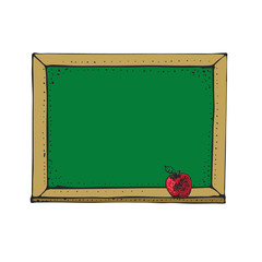  Vector Illustration with cartoon green blackboard, chalkboard with red apple isolated on white. Back to school design elements.