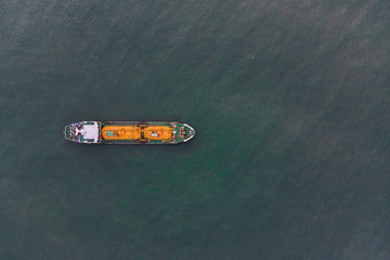 Wall Mural - Aerial view of sea freight, Green,yellow oil tanker ship, Lpg, Cng at industrial estate Thailand / Crude Oil tanker to Port of Singapore - import export around in the world