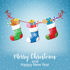 Wall Mural - Christmas greeting card with hanging socks