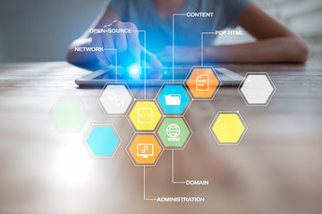 Wall Mural - cms. content management system applications icons on virtual screen. business, internet and technolo