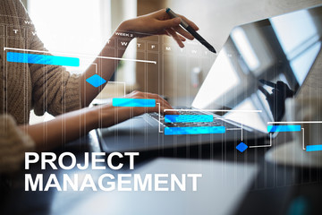 Project management concept, time and human resources, risks and quality and communication with icons on virtual screen.