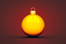 Yellow Christmas Ball Isolated On Red Background