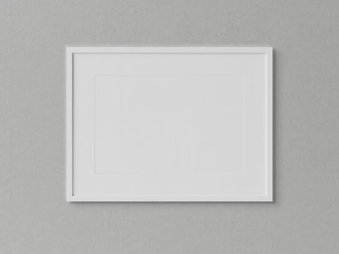 white rectangular horizontal frame hanging on a white wall mockup 3d rendering