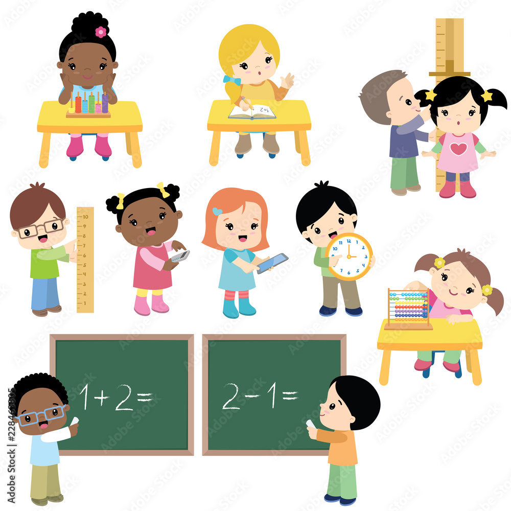 School Children Doing Math Problems Design Elements Flat Vector ...