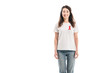 © LIGHTFIELD STUDIOS - adult asian woman with aids awareness red ribbon on t-shirt looking at camera isolated on white