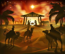 Christmas Nativity Scene, Baby Jesus, Mary And Joseph In Manger. Bethlehem In Background. 3 Wise Men Riding Camels In Silhouette To Pay Homage. The Star Above Stable. Christian Religious Illustration.