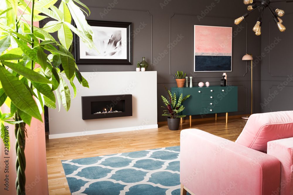 Green Plants In A Hipster Living Room Interior With Molding
