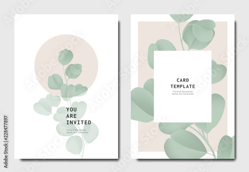 Botanical invitation card template design, green Silver Dollar Eucalyptus lea...
