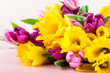 Beautiful Bunch of Tulips and yellow Daffodils on the Pink Backg