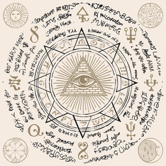  Vector banner with Eye of Providence. All-seeing eye inside triangle pyramid. Symbol Omniscience. Luminous Delta. Ancient mystical sacral illuminati symbol with magical inscriptions on beige backdrop