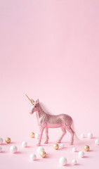 Wall Mural - pink glitter unicorn with gold and white decoration.magic surreal style. minimal composition.