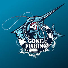 Wall Mural - Marlin fish logo.Sword fishing emblem for sport club. Angry fish background theme vector illustration.