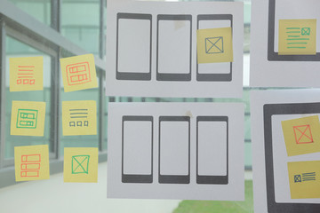 user experience ux designing web on mobile phone tablet layout. ui planning mobile application. deve