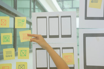 user experience ux designer designing web on mobile phone tablet layout. ui planning mobile applicat