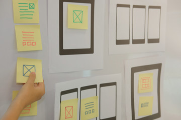 user experience ux designer designing web on mobile phone tablet layout. ui planning mobile applicat