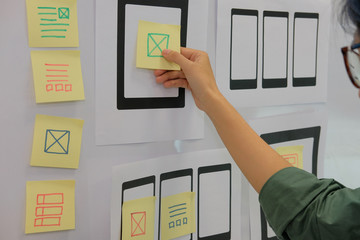 user experience ux designer designing web on mobile phone tablet layout. ui planning mobile applicat