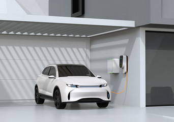 White electric powered SUV recharging in garage. 3D rendering image.