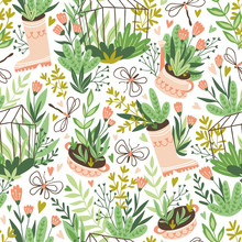 Cute Vector Seasonal Seamless Pattern. Growing Flowers And Plants In The Greenhouse. Spring Endless Garden Background. Happy Gardening.