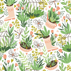 Cute vector seasonal seamless pattern. Growing flowers and plants in the greenhouse. Spring endless garden background. Happy gardening.