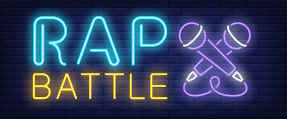 Wall Mural - Rap battle neon text with two microphones. Concert and youth culture advertisement design. Night bright neon sign, colorful billboard, light banner. Vector illustration in neon style.