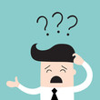 Business man scratches his head in indecision on a question mark. Business concept. Vector illustration