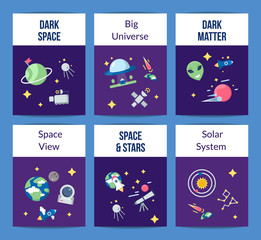 Sticker - Vector flat space icons card or flyer template illustration. Collection of banner and poster