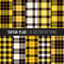 Yellow, Black, White And Red Tartan And Buffalo Check Plaid Vector Patterns. Trendy 90s Style Fashion Textile Prints. Scottish Clan Checkered Fabric Texture. Repeating Pattern Tile Swatch Included.