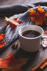 Fotomurales - Coffee mug with autumn maple leaves and women's woolen scarf on a wooden table