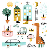 Doodle set- animals, plants, cars, houses and other elements. Vector Illustration. Scandinavian design.