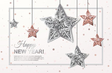 Happy New Year Glowing Banner With Hanging Rose Gold And Silver Stars On Scattered Confetti Background. Square Frame With Place For Text. Vector Template Design For Posters, Brochures, Vouchers