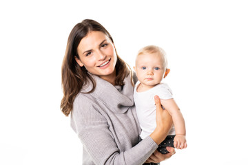 Wall Mural - A mother holdng his baby on studio white background