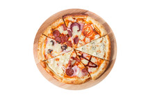 Assorted Pizza From Different Pizza Pieces Lies On A Round Wooden Board Isolated On A White Background.