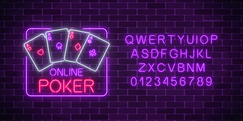 Glowing neon sign of online poker application in rectangle frame with alphabet. Casino bright signboard.