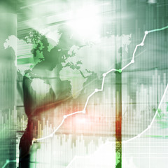 Wall Mural - business abstract background double exposure graph, chart and diagram. world wide map and. global bu