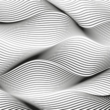 Deformed Black And White Striped Surface. Vector Background. Abstract Op Art Pattern. Squiggle, Warped, Waving Lines. Tech Design. Modern Conceptual Illusion. EPS10 Illustration